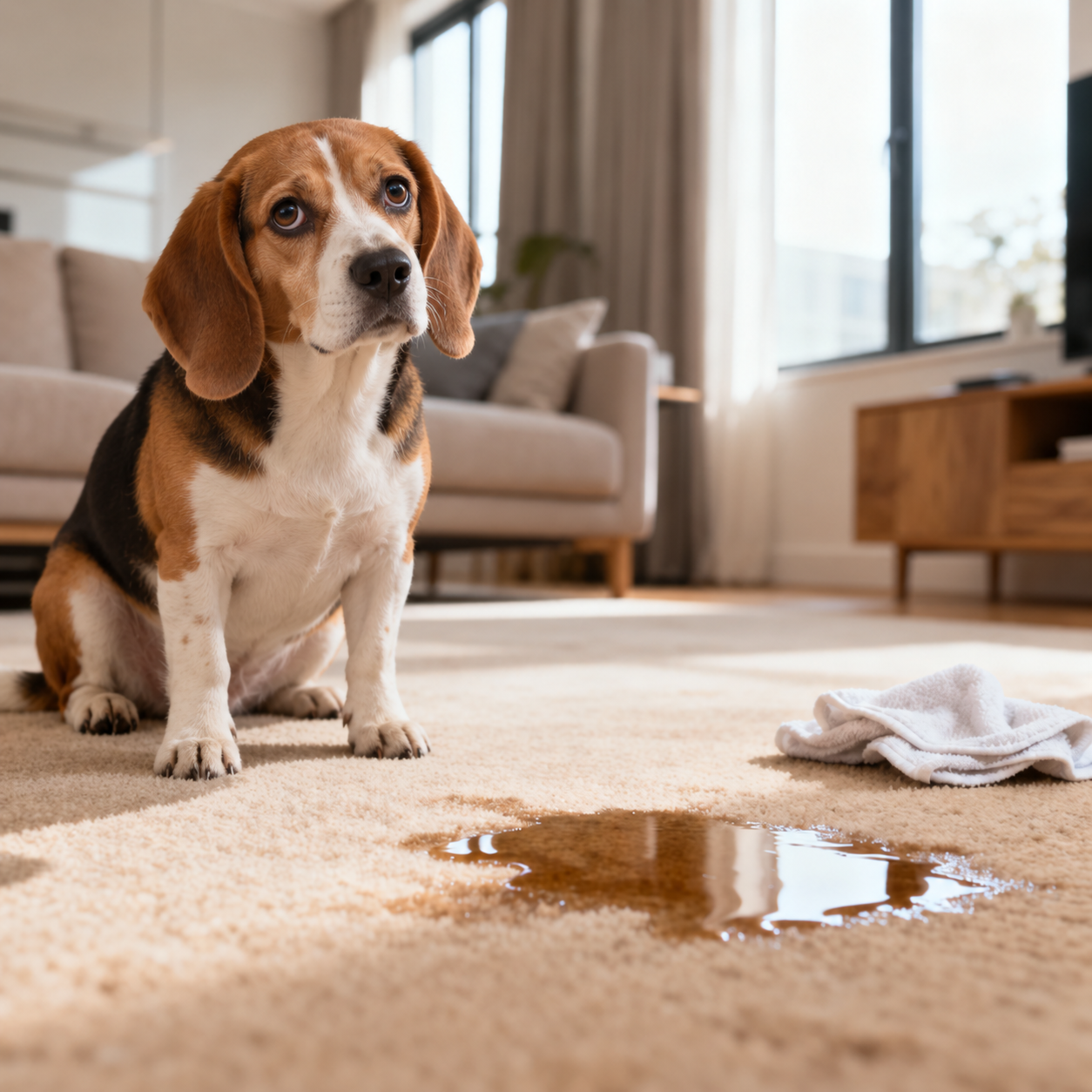 Beagle looking guilty next to an accident on the carpet