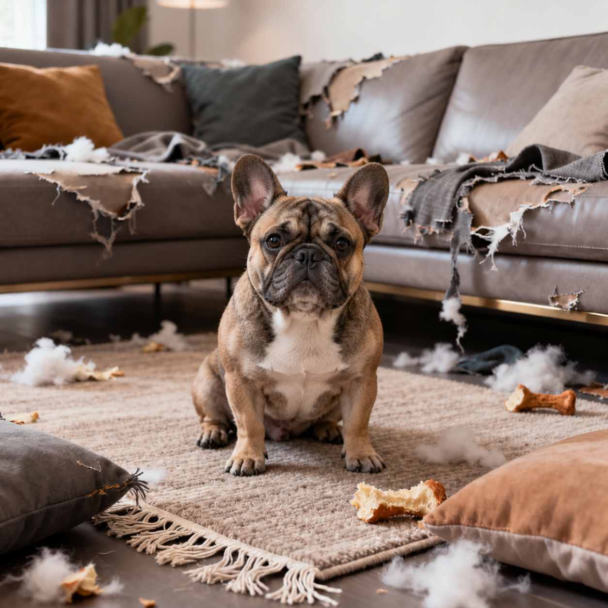 French Bulldog sitting next to a torn-up couch after being left alone