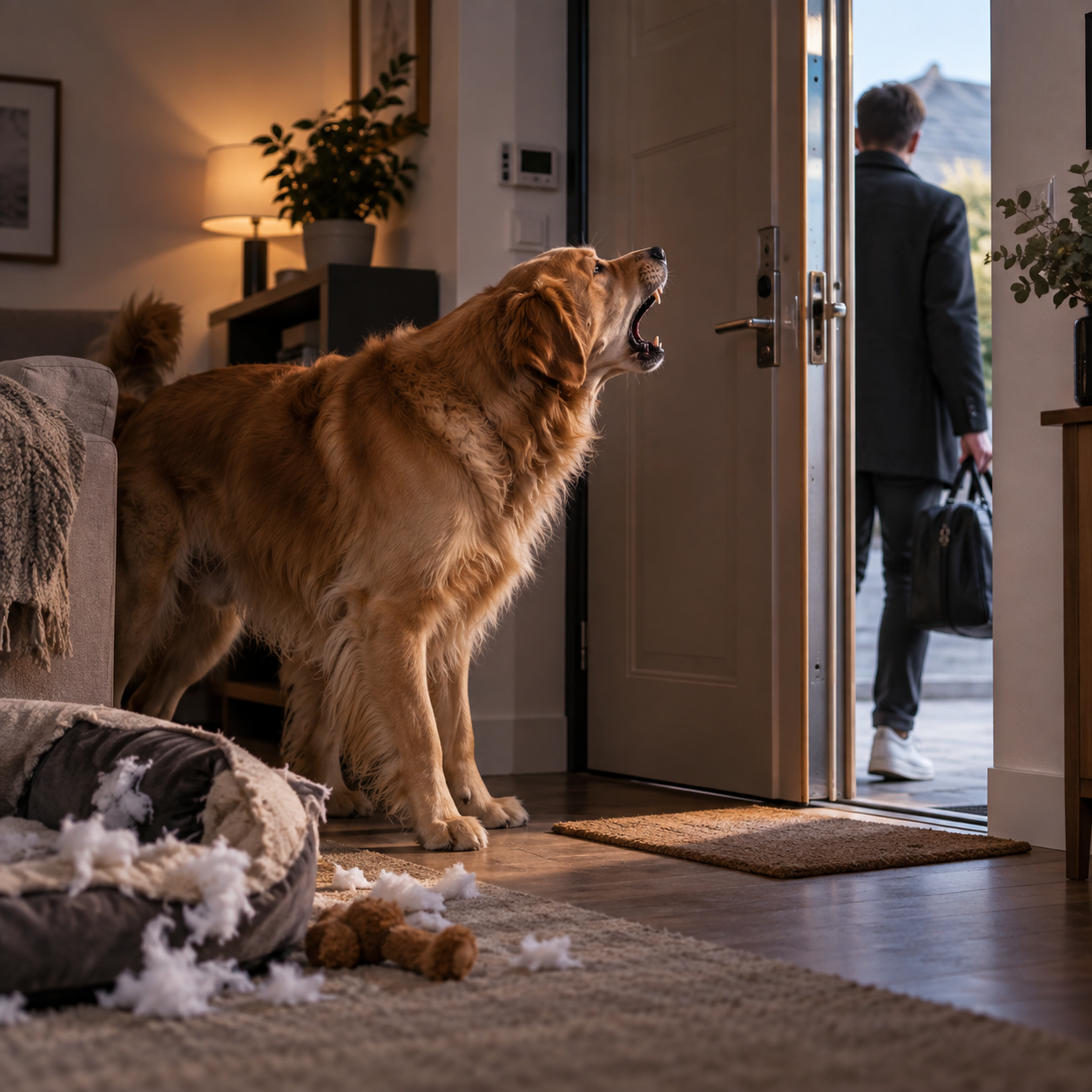 Golden Retriever barking and howling at the door as his owner leaves