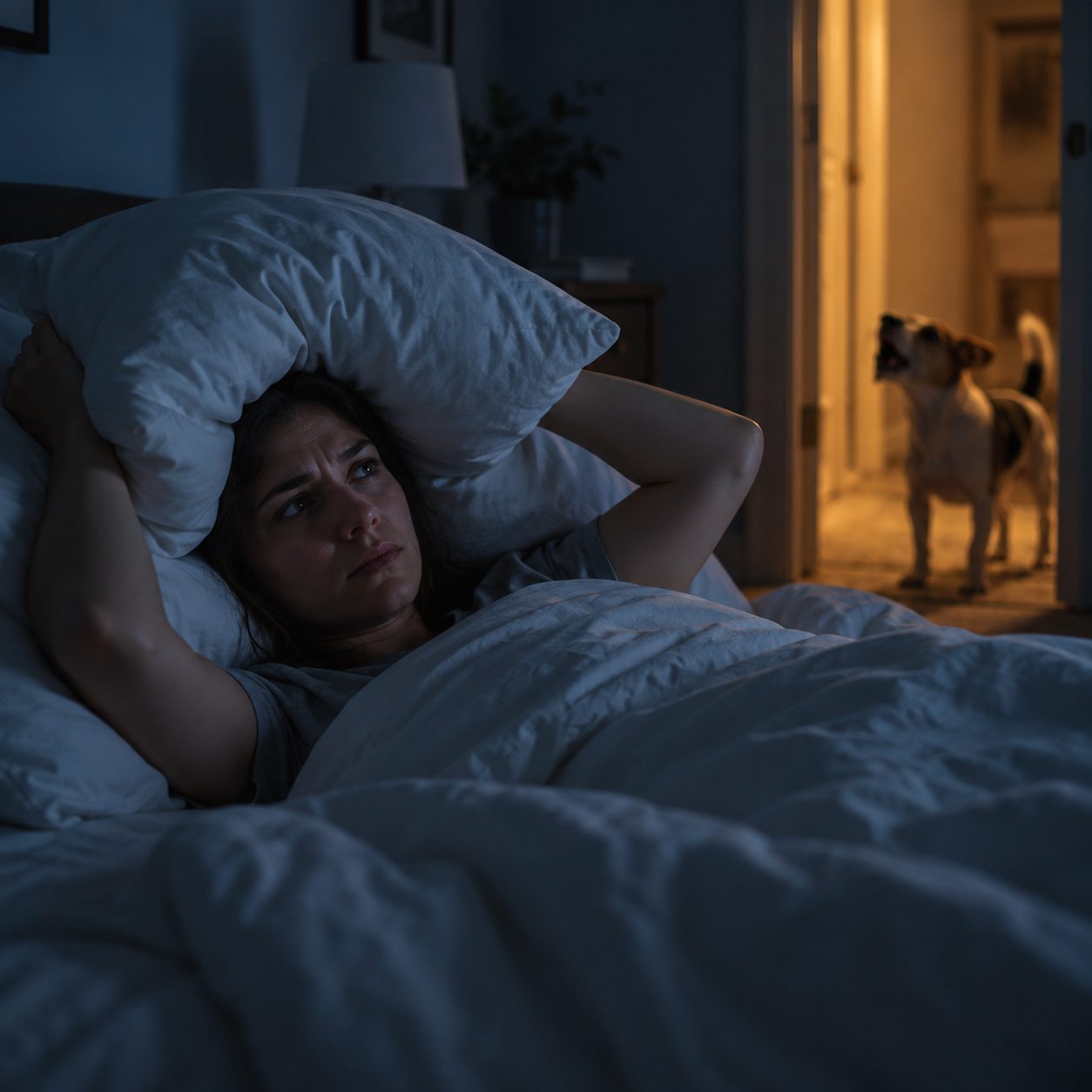 Woman awake in bed at night while her dog howls in the doorway